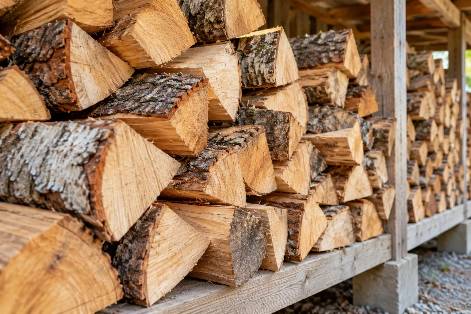 Nahaufnahme gespaltener Holzscheite mit sichtbarer Rinde und natürlicher Holzstruktur